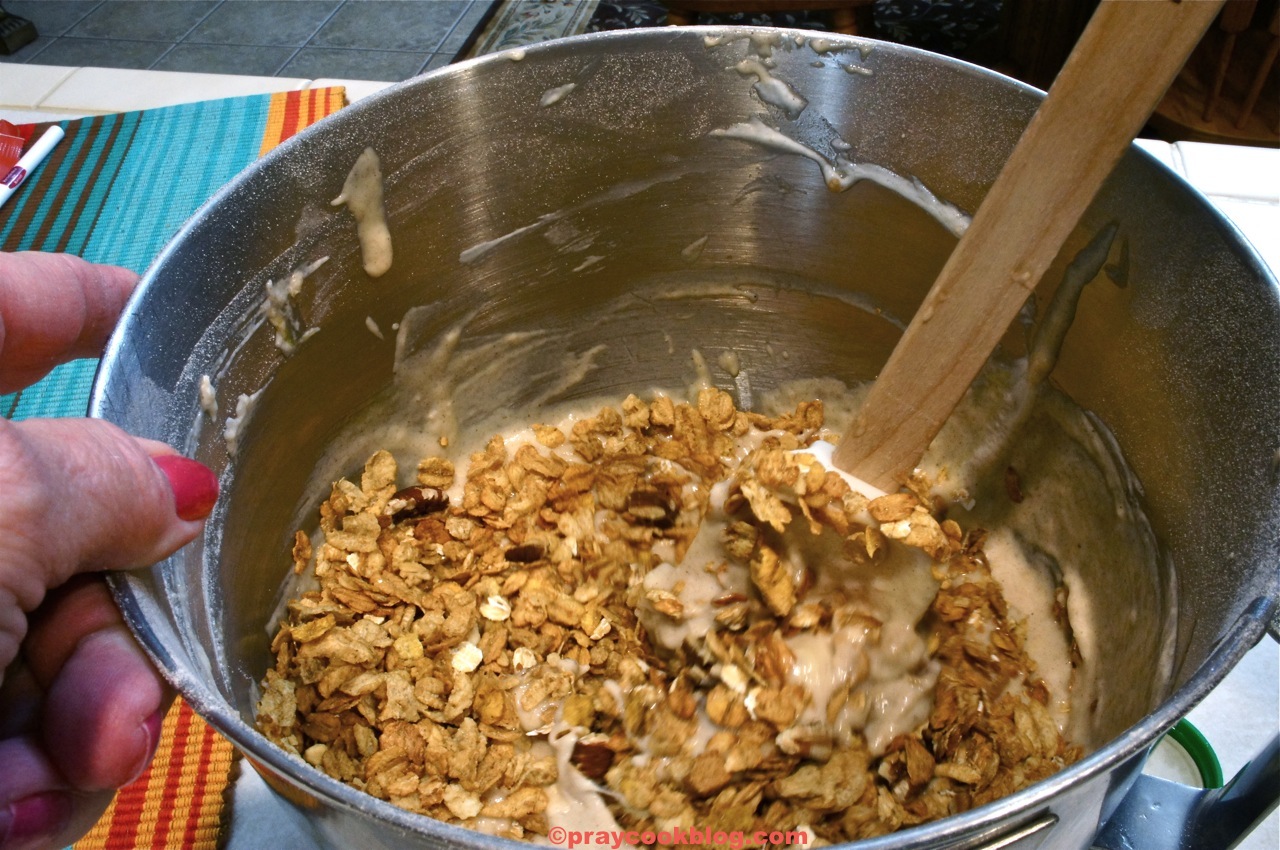 crunchy pecan muf mixing