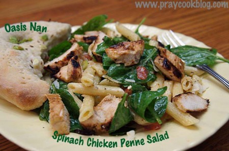 spinach penne chicken salad plate