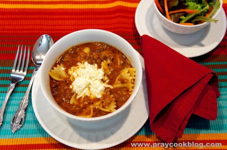 lasagna soup and salad plated