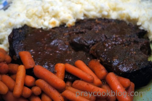 Pot Roast, roasted carrots, and mashed potatoes