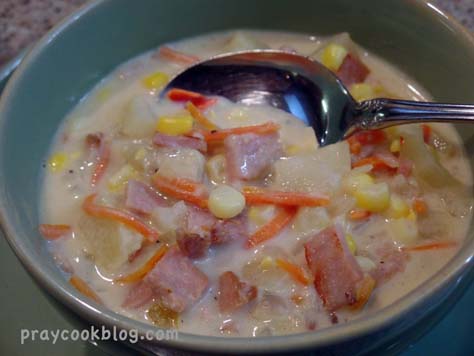 ham corn chowder close up